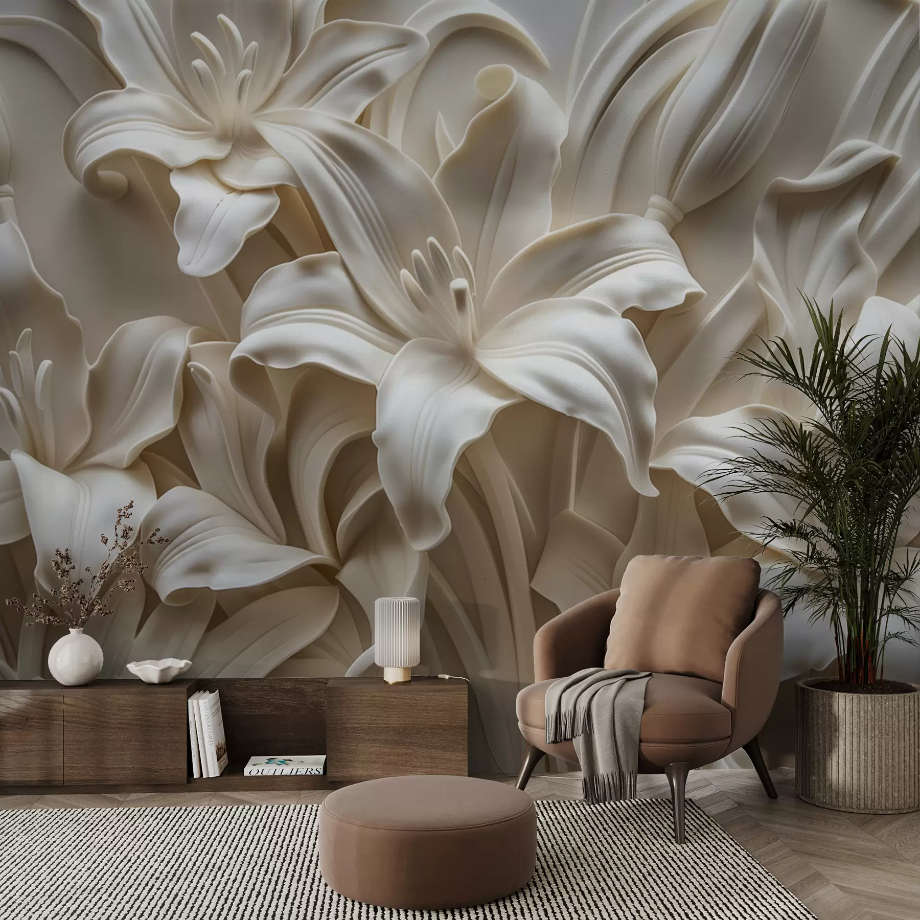 wall murals Elegant beige 3d relief of carved lilies w01433