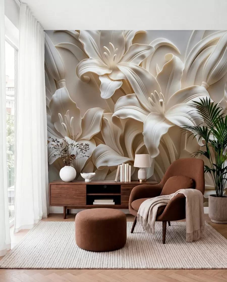 wall murals Elegant beige 3d relief of carved lilies w01433