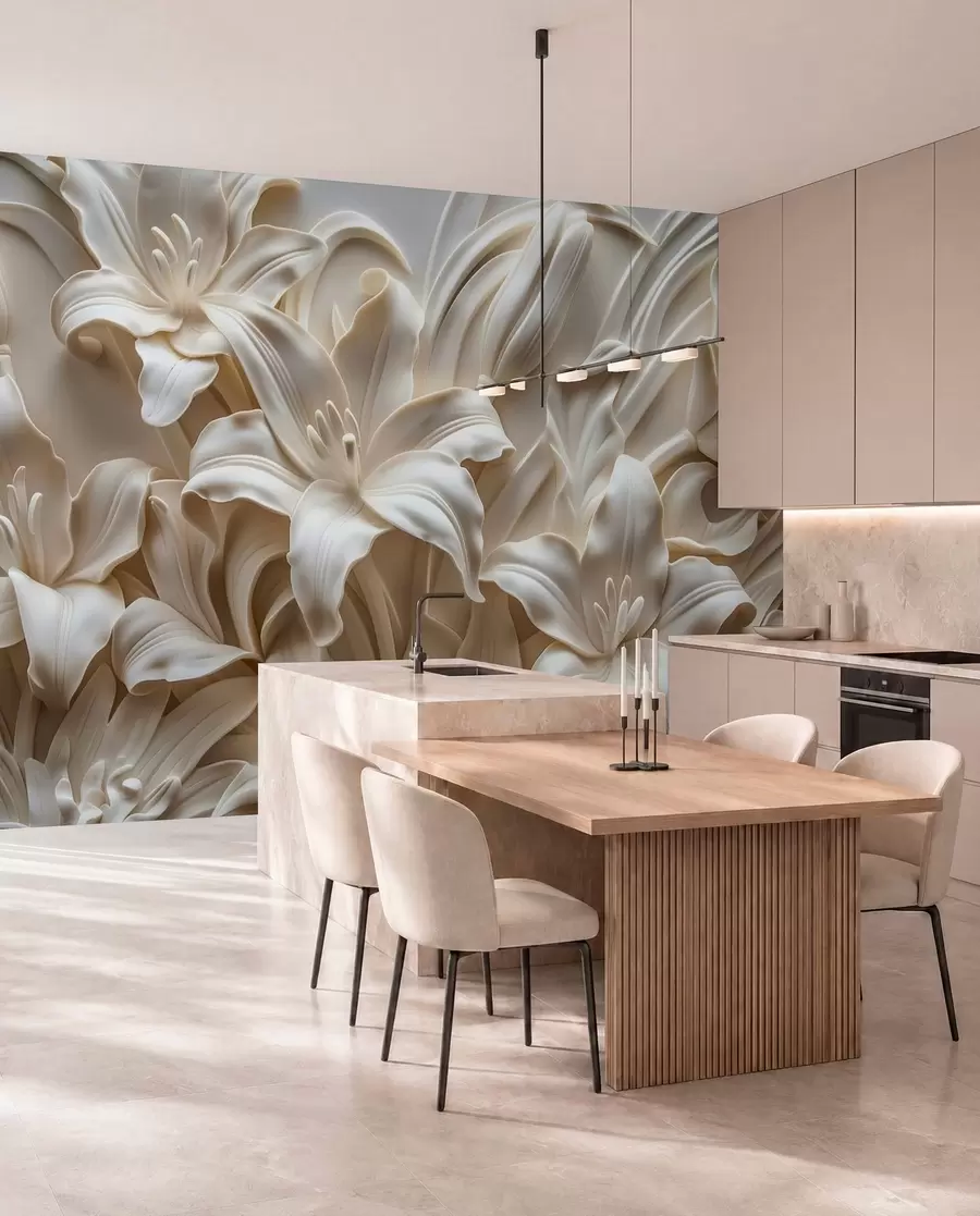 wall murals Elegant beige 3d relief of carved lilies w01433