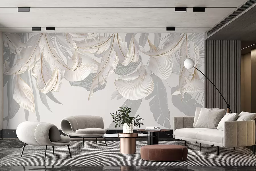 wall murals Delicate white and gray floral tropical leaves creating a soft, ethereal background w08217