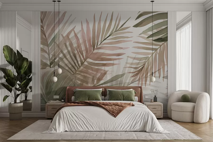 wall murals Palm watercolor leaves in various shades of green and pink against a light background w08218