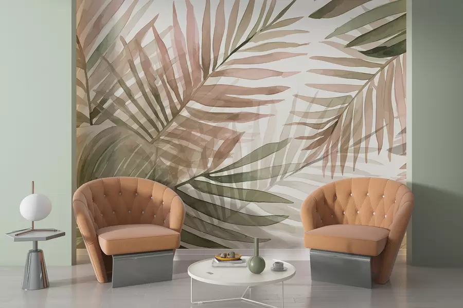 wall murals Palm watercolor leaves in various shades of green and pink against a light background w08218