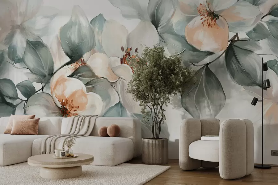 wall murals Delicate white and pink magnolia flowers with soft green leaves against a light background w08220