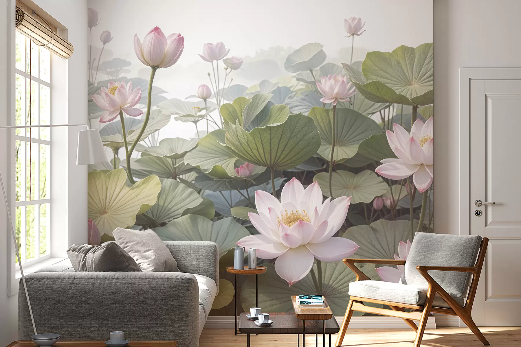 wall murals Pink and white lotus flowers with large green leaves, surrounded by a misty, atmospheric background w08221