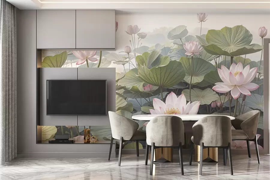 wall murals Pink and white lotus flowers with large green leaves, surrounded by a misty, atmospheric background w08221
