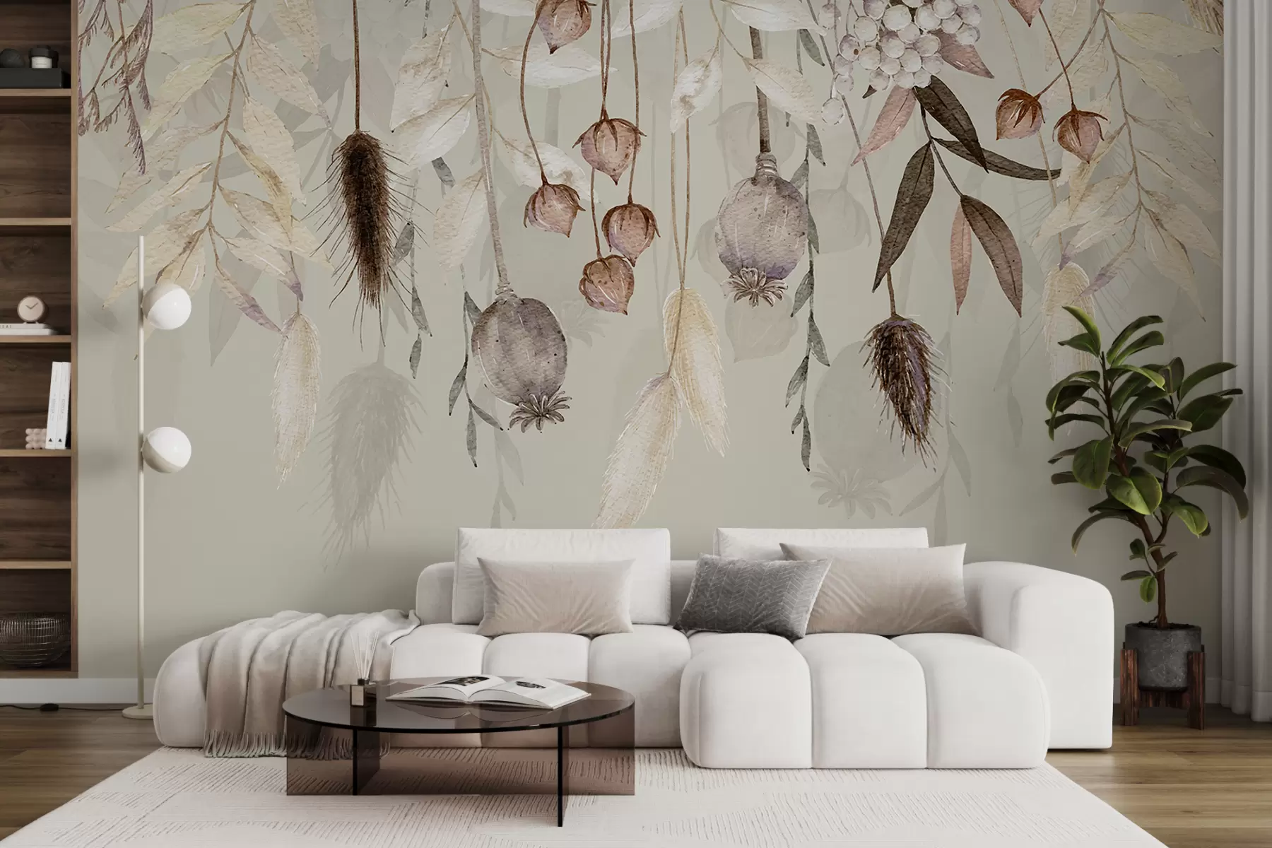 wall murals Delicate floral arrangement with dried flowers, leaves, and feathers hanging against a soft background w08230