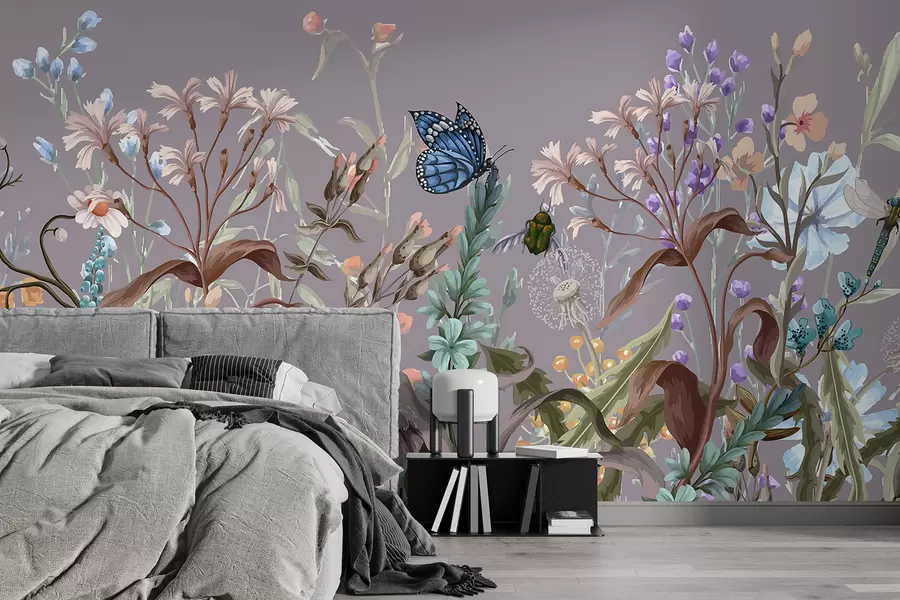 wall murals A colorful violet illustration of a lush, flower garden scene with insects in a dreamlike, fantastical style w08234v1