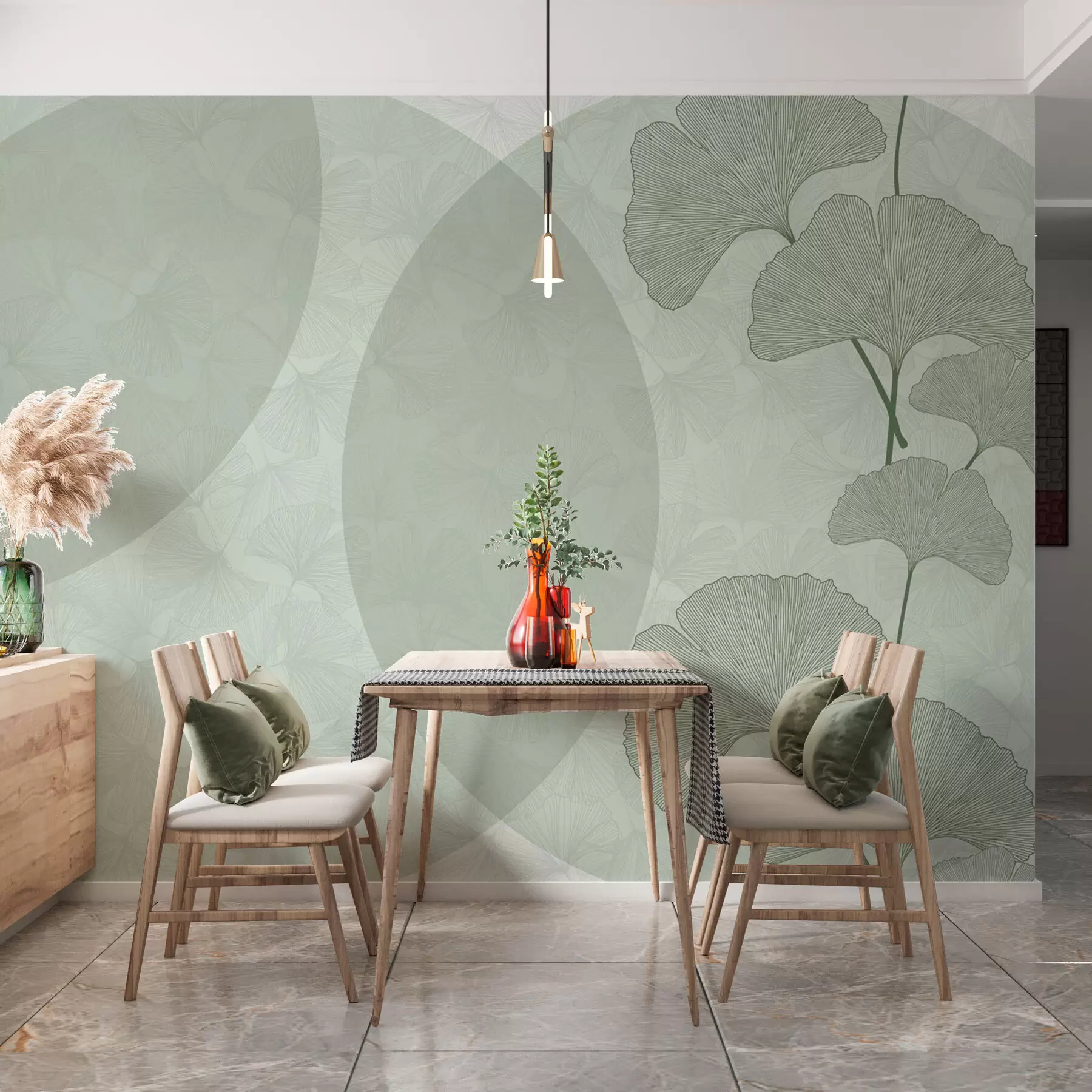 wall murals Large ginkgo leaves and geometry green color w01465v2