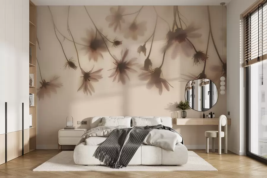 wall murals Delicate flowers in the fog hanging from above in pink colors w01469