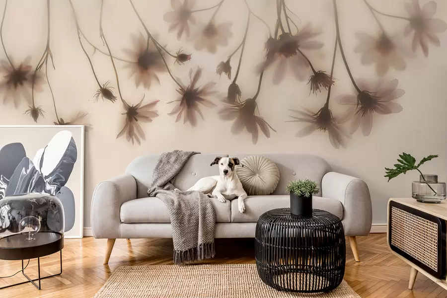 wall murals Delicate flowers in the fog hanging from above in pink colors w01469