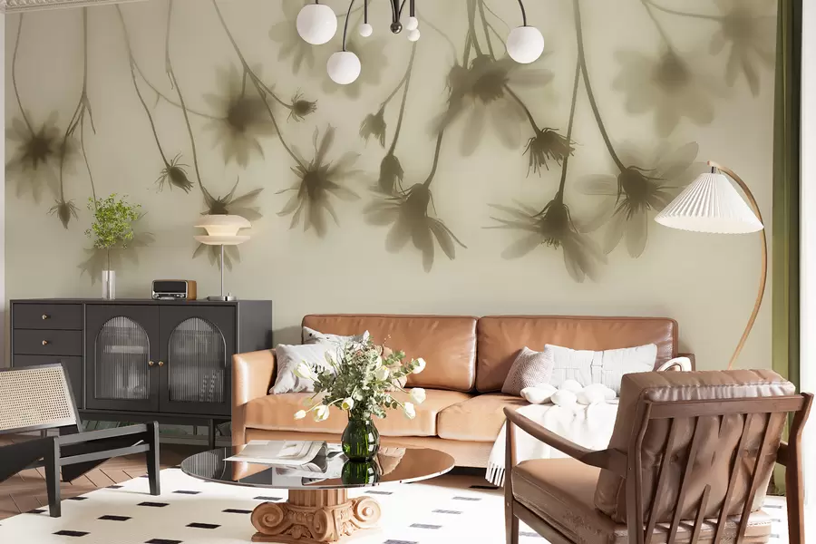 wall murals Delicate flowers in the fog hanging from above in pastel colors w01469v1