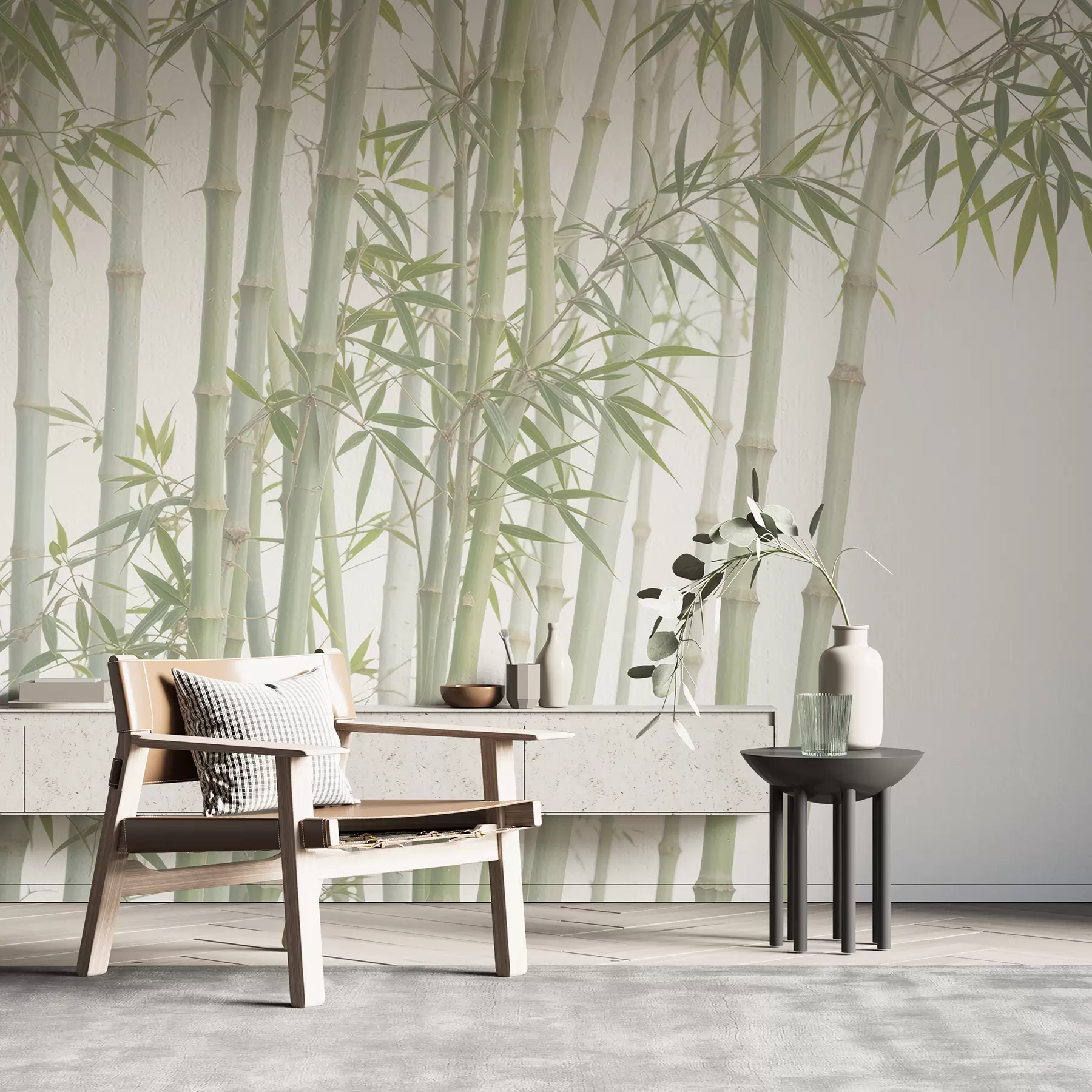 wall murals A dense bamboo forest with tall bamboo stalks and green leaves against a soft, hazy background w08237