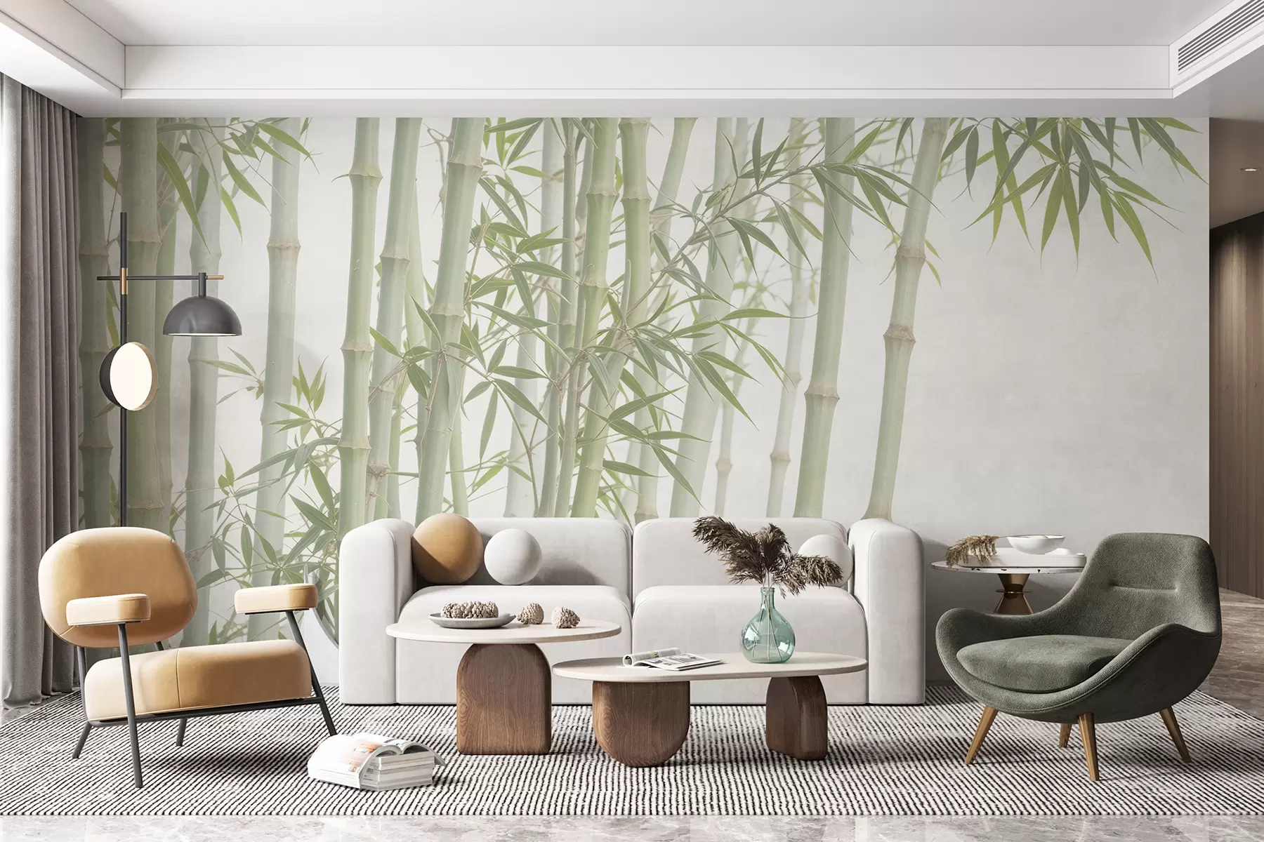 wall murals A dense bamboo forest with tall bamboo stalks and green leaves against a soft, hazy background w08237