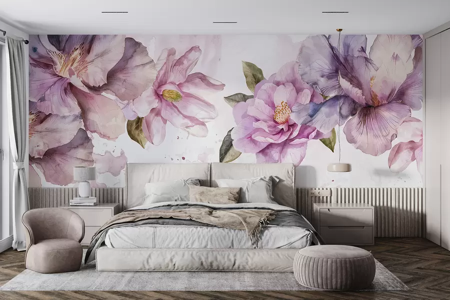 wall murals Delicate pink and purple watercolor flowers with soft petals and green leaves against a light background w08238