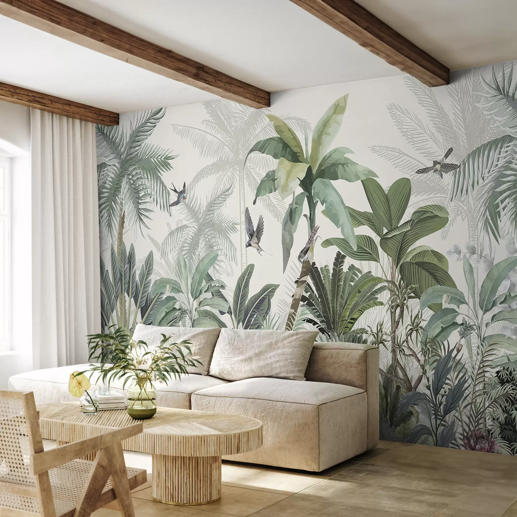 wall murals A lush tropical jungle scene with various palm trees, large leaves, and colorful flowers in the foreground w08239