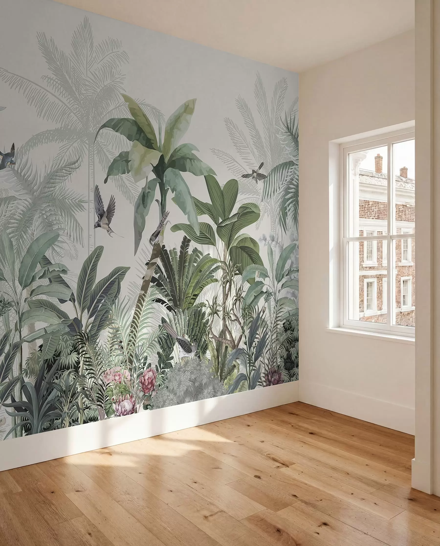 wall murals A lush tropical jungle scene with various palm trees, large leaves, and colorful flowers in the foreground w08239
