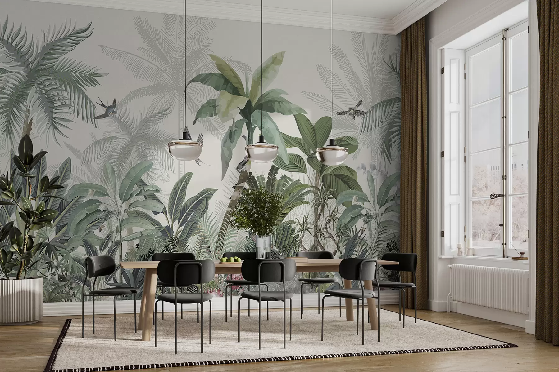 wall murals A lush tropical jungle scene with various palm trees, large leaves, and colorful flowers in the foreground w08239