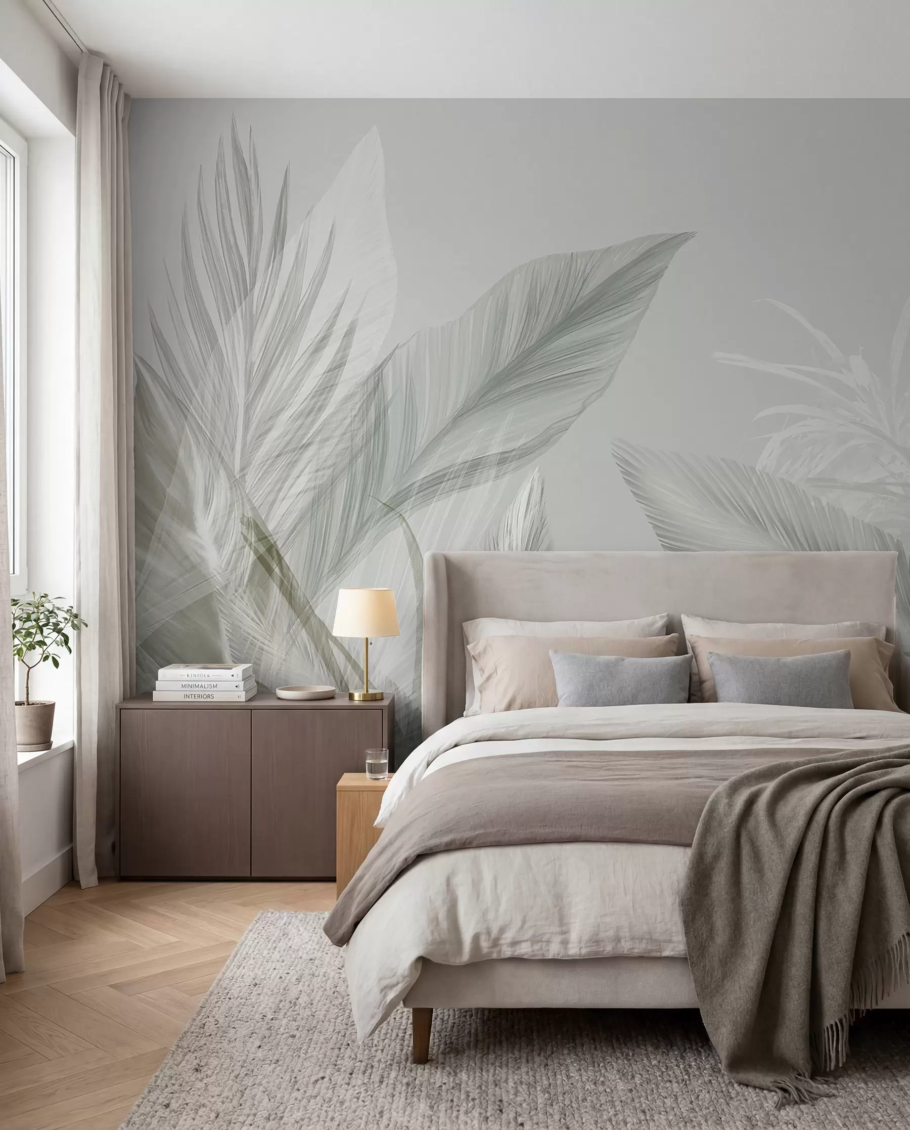 wall murals Soft white, green and gray feathers and tropical leaves floating against a light background w08241
