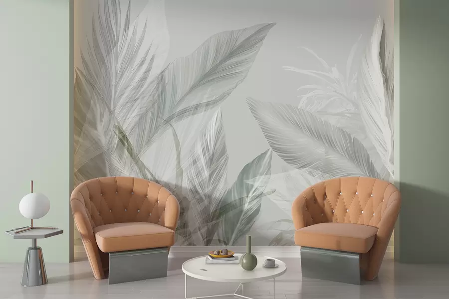wall murals Soft white, green and gray feathers and tropical leaves floating against a light background w08241