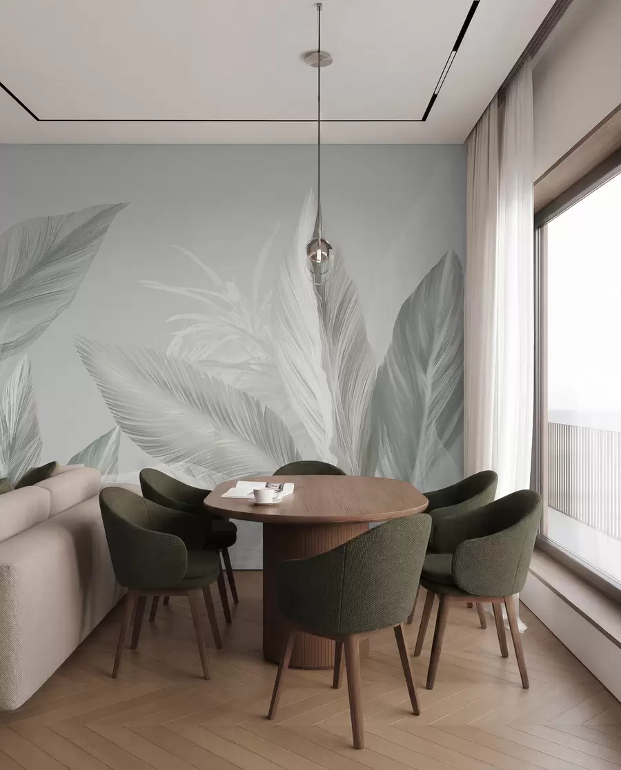 wall murals Soft white, green and gray feathers and tropical leaves floating against a light background w08241