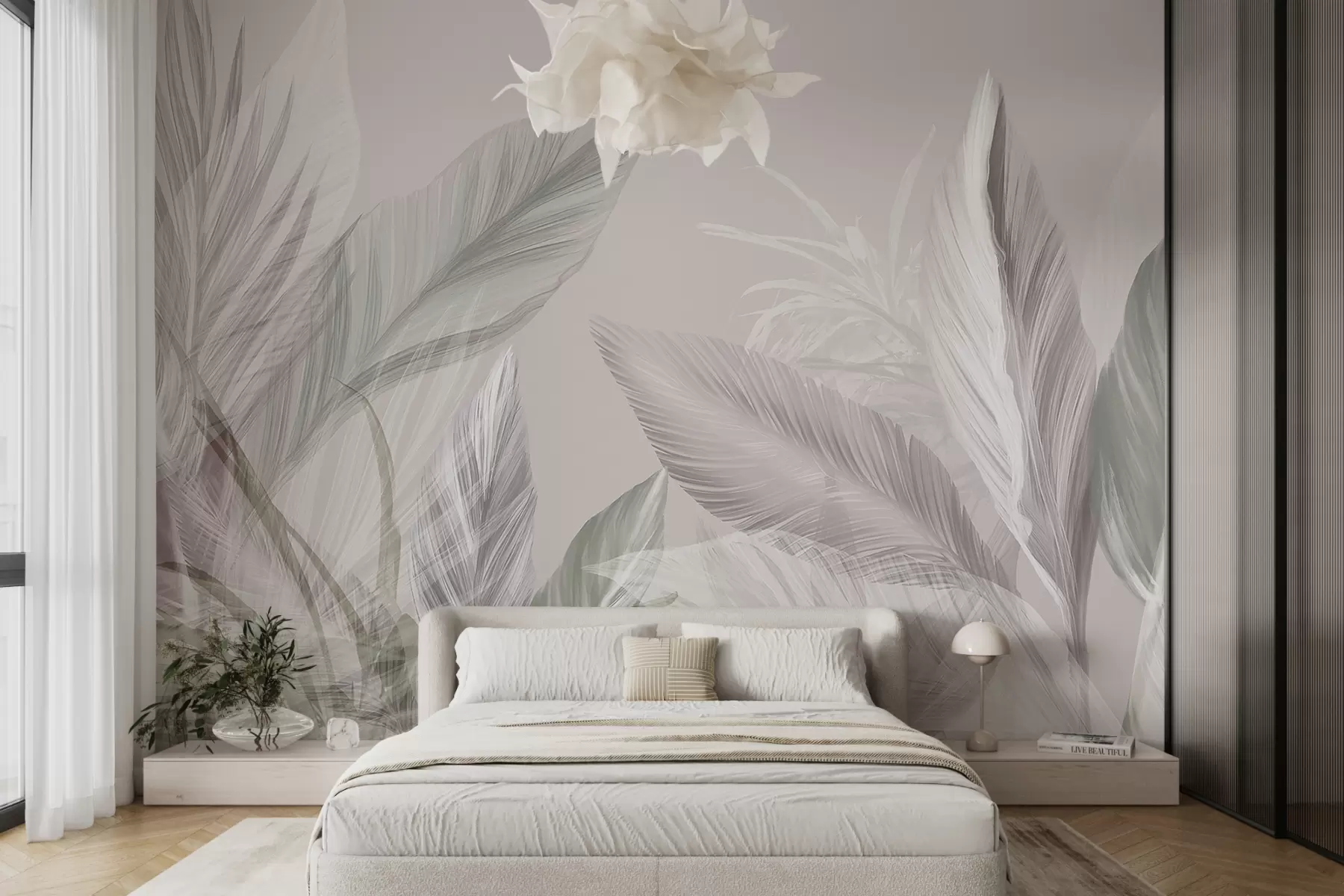wall murals Soft white, pink and gray feathers and tropical leaves floating against a light background w08241v1