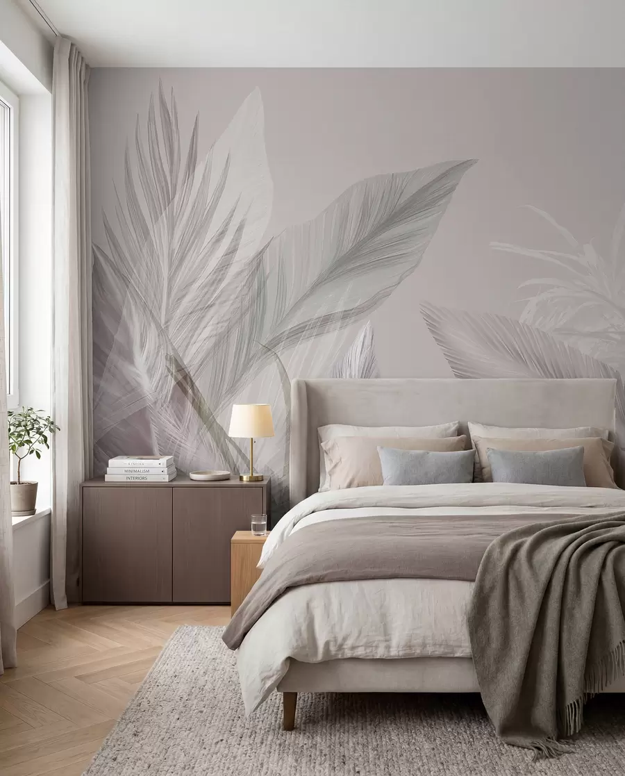 wall murals Soft white, pink and gray feathers and tropical leaves floating against a light background w08241v1