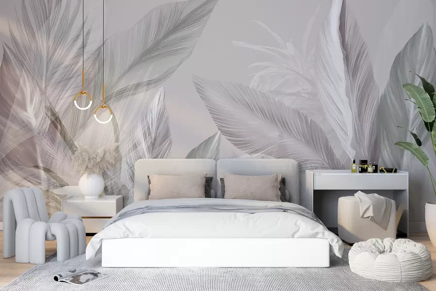wall murals Soft white, pink and gray feathers and tropical leaves floating against a light background w08241v1