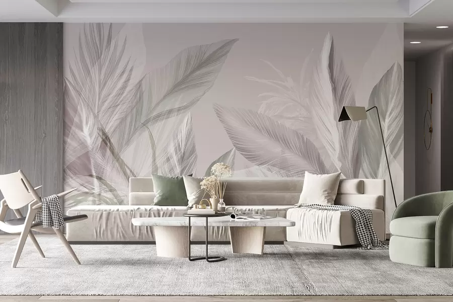 wall murals Soft white, pink and gray feathers and tropical leaves floating against a light background w08241v1
