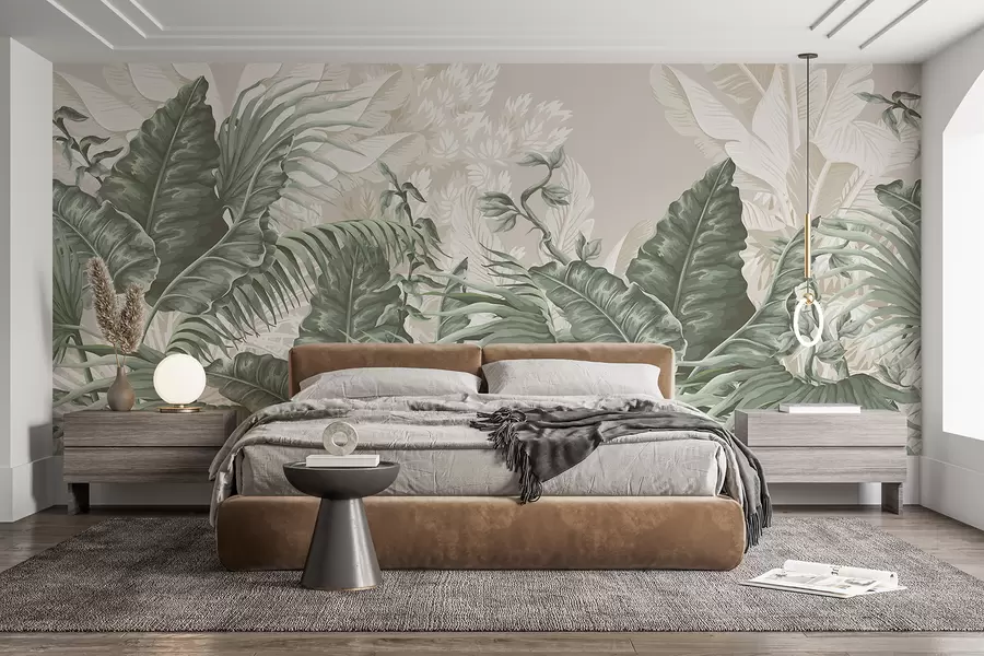 wall murals A tropical jungle scene with large green leaves and flowers in the foreground, creating a lush atmosphere w08242v1
