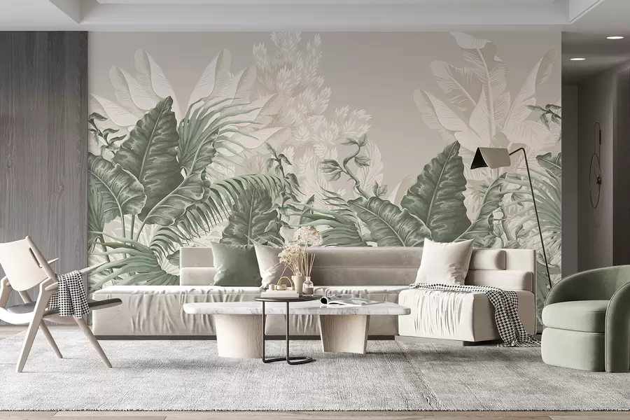wall murals A tropical jungle scene with large green leaves and flowers in the foreground, creating a lush atmosphere w08242v1