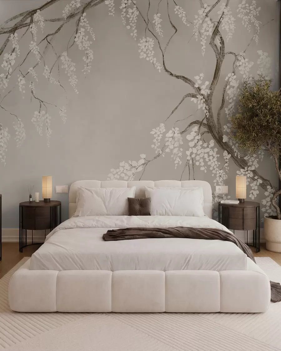 wall murals Delicate white cherry tree with blossom flowers blooming on branches against beige background w08243