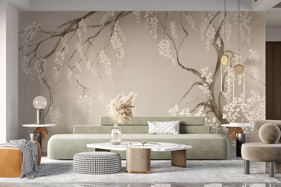 wall murals Delicate white cherry tree with blossom flowers blooming on branches against beige background w08243