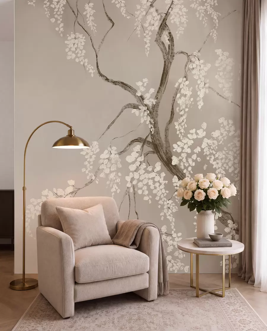 wall murals Delicate white cherry tree with blossom flowers blooming on branches against beige background w08243