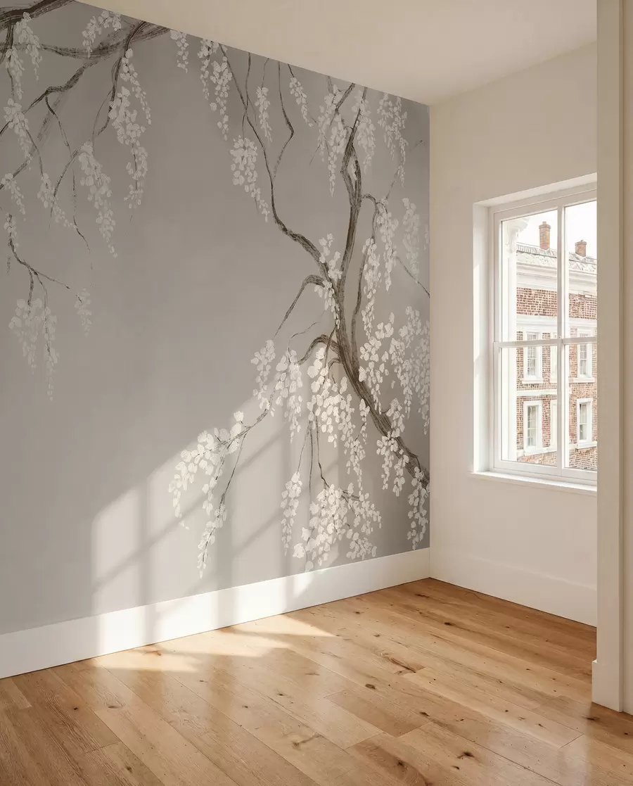 wall murals Delicate white cherry tree with blossom flowers blooming on branches against beige background w08243