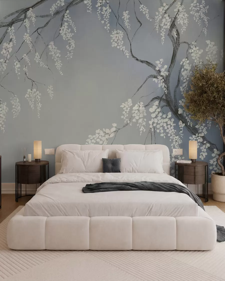 wall murals Delicate white cherry tree with blossom flowers blooming on branches against blue background w08243v1