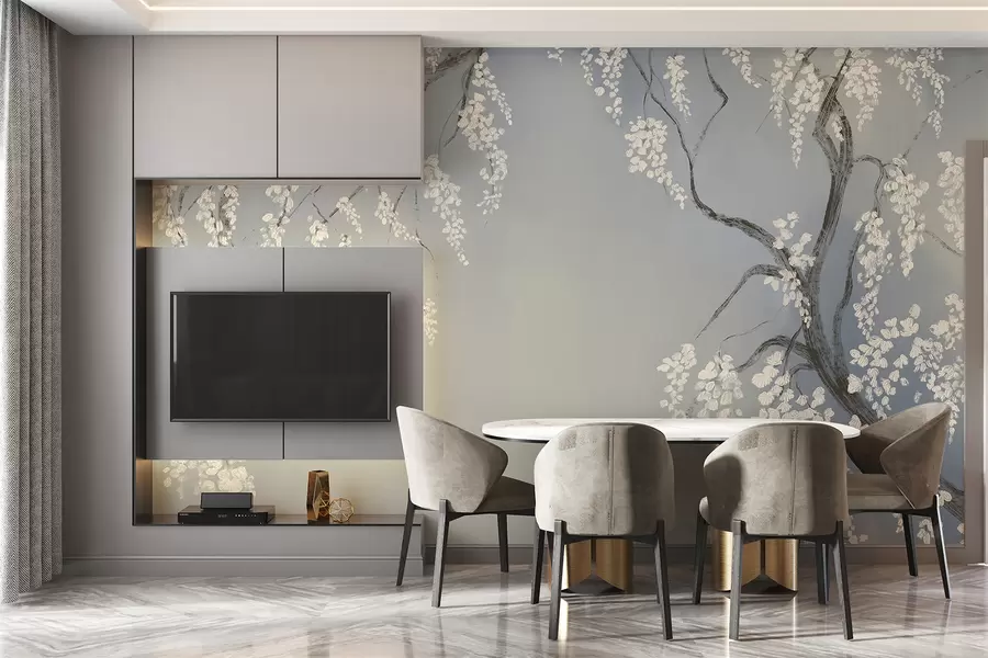 wall murals Delicate white cherry tree with blossom flowers blooming on branches against blue background w08243v1