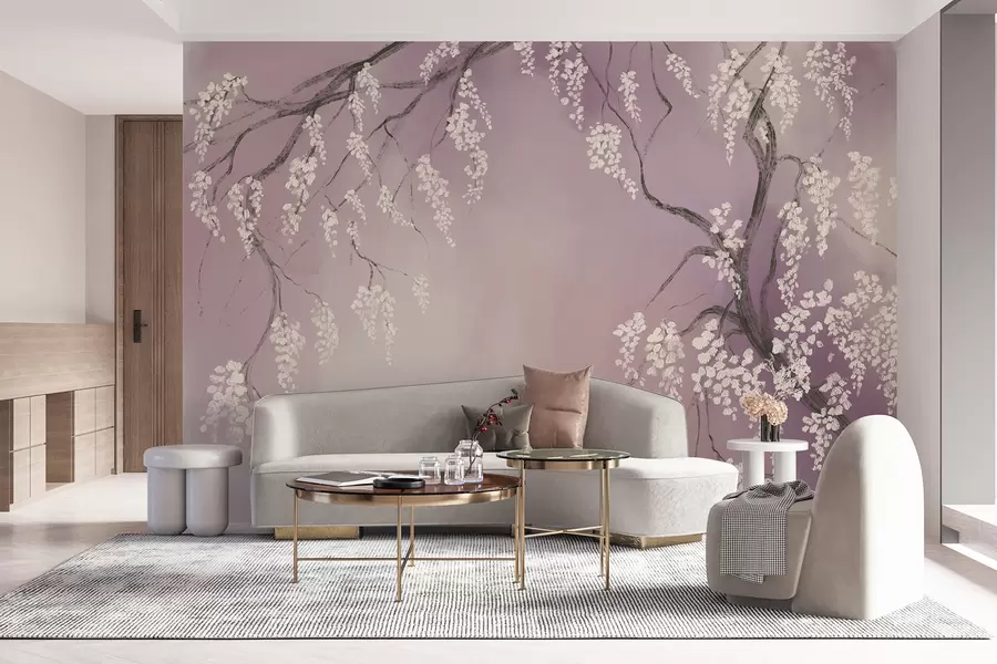 wall murals Delicate white cherry tree with blossom flowers blooming on branches against pink background w08243v2