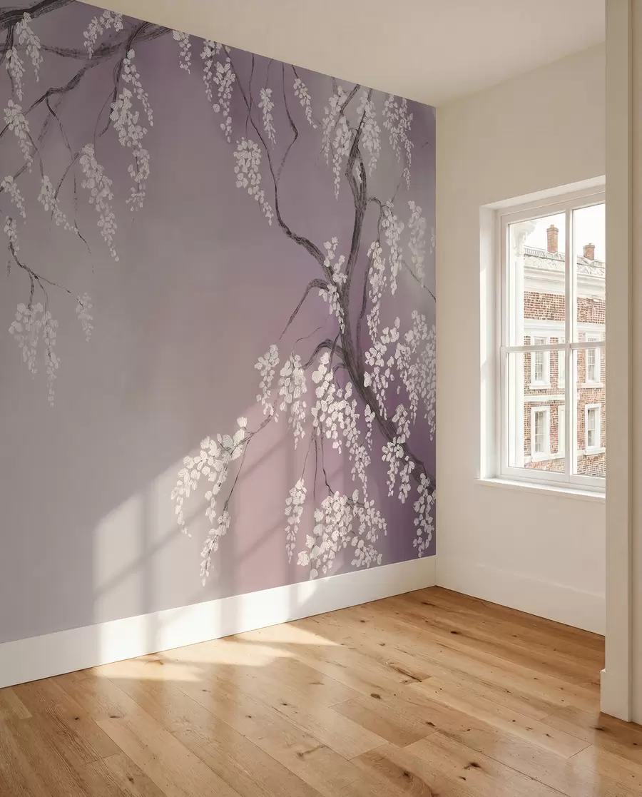 wall murals Delicate white cherry tree with blossom flowers blooming on branches against pink background w08243v2