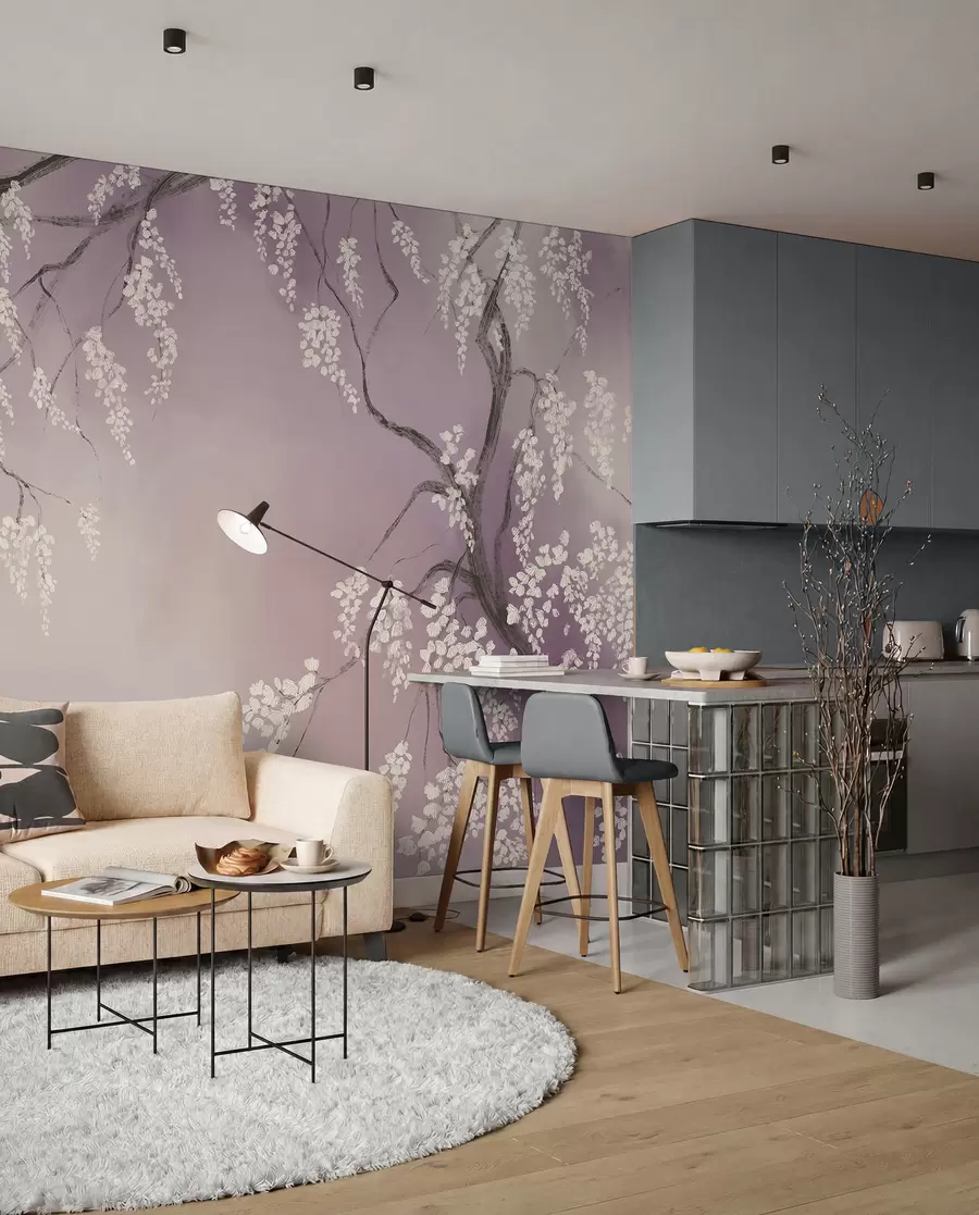 wall murals Delicate white cherry tree with blossom flowers blooming on branches against pink background w08243v2
