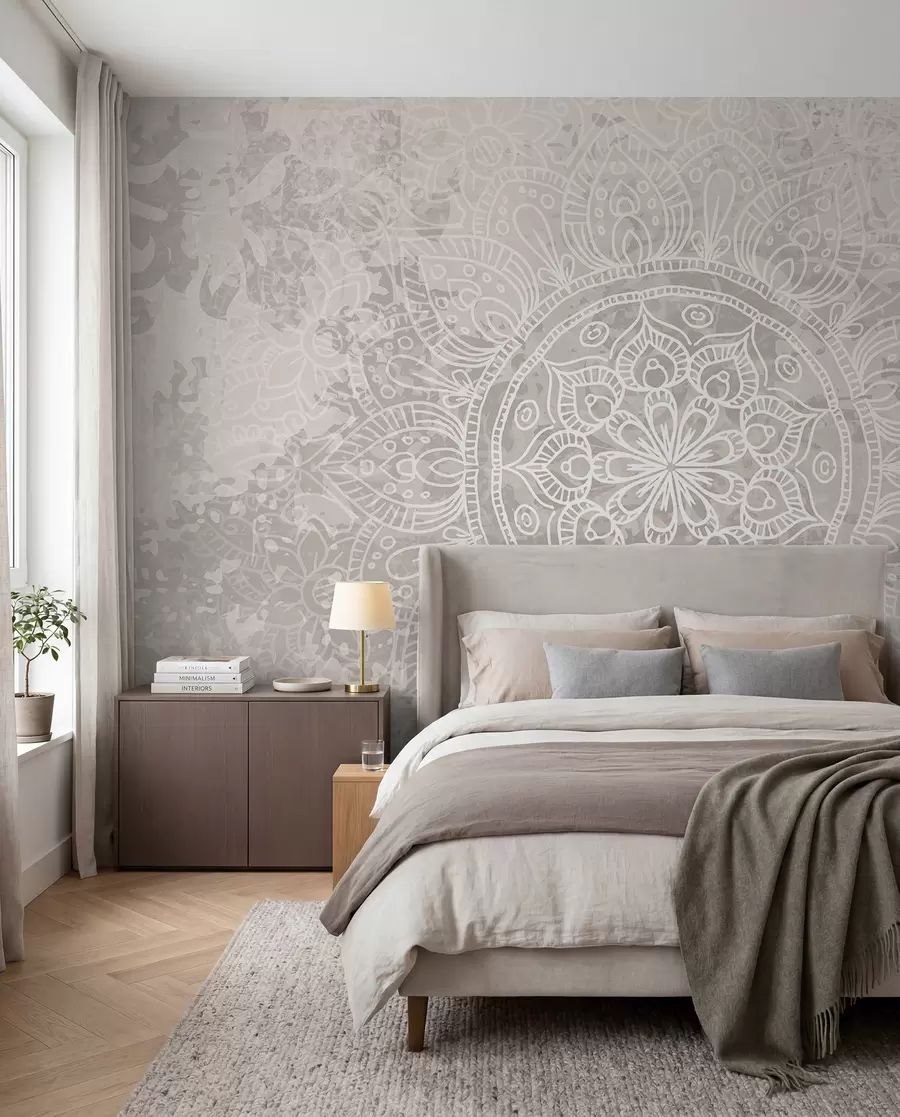 wall murals A detailed white mandala pattern on a light gray textured vintage background w08246