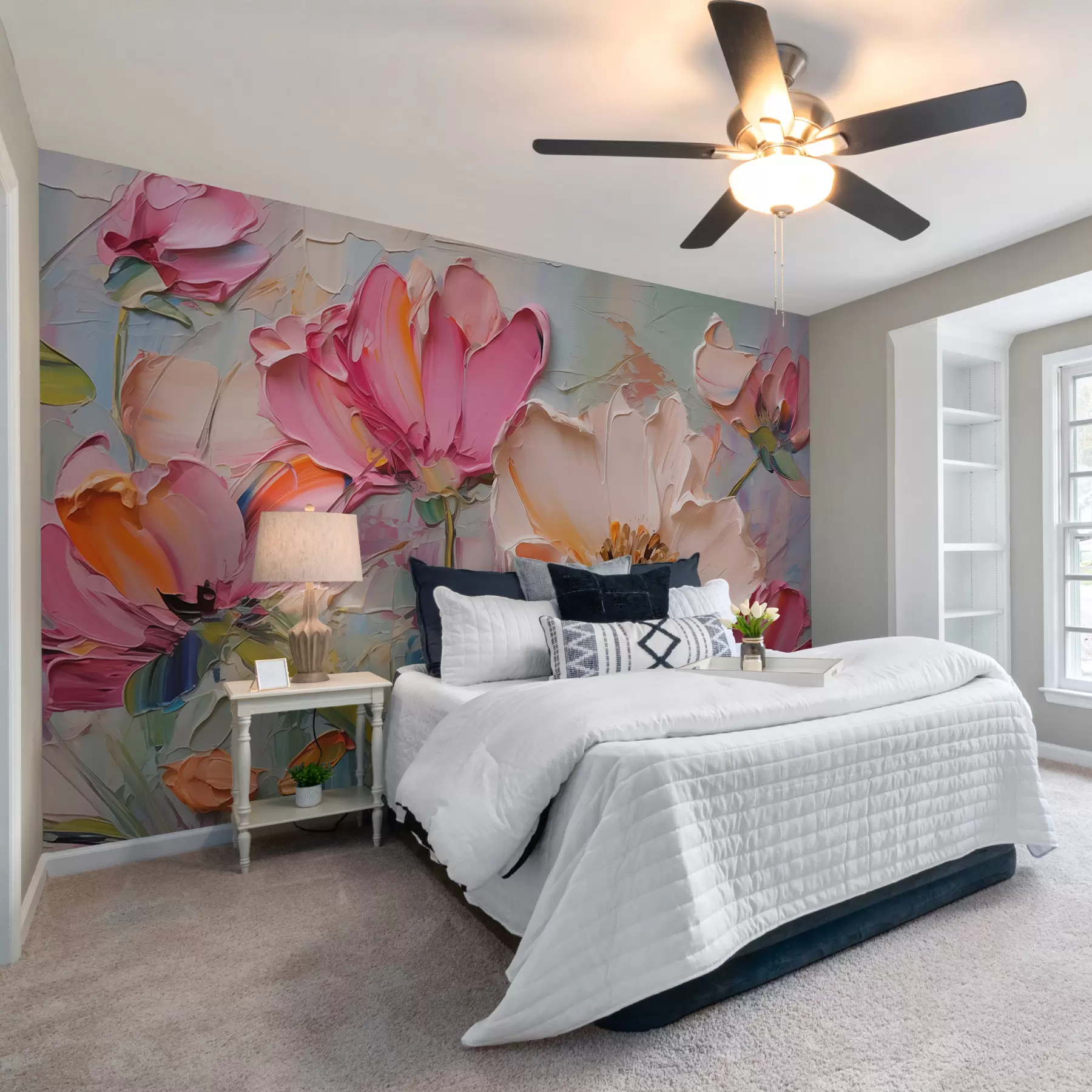 wall murals Bright pink flowers on a light blue gray background w01039