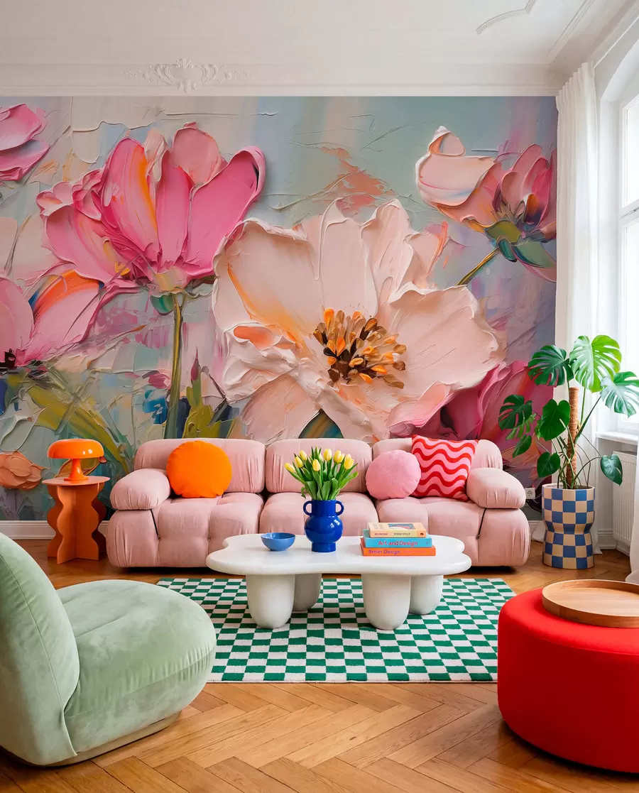 wall murals Bright pink flowers on a light blue gray background w01039