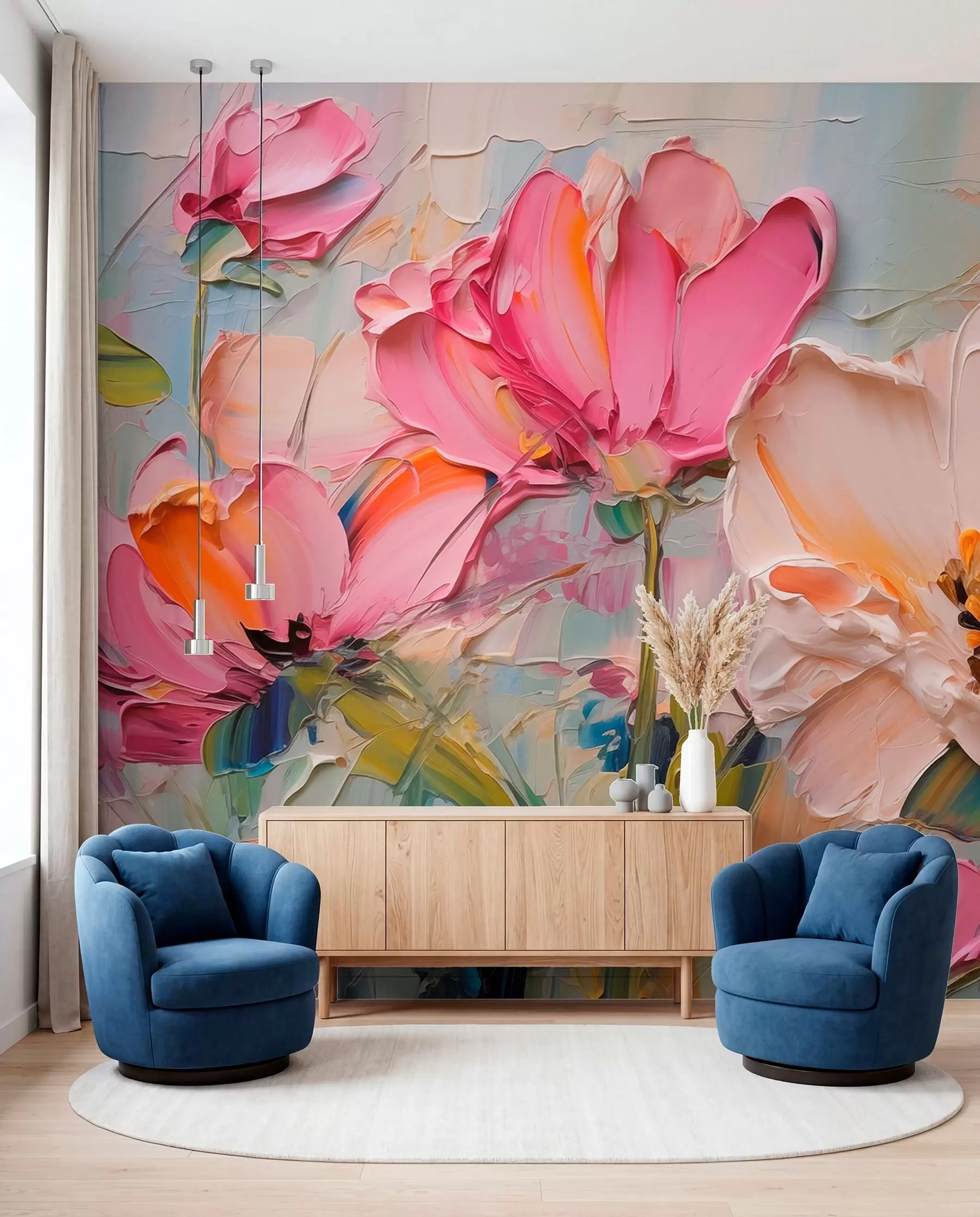 wall murals Bright pink flowers on a light blue gray background w01039