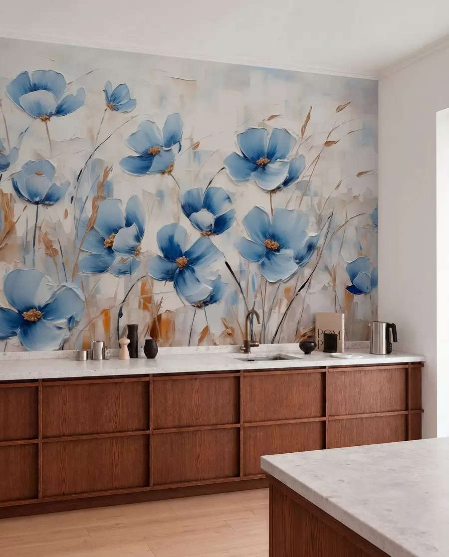 wall murals Blue flowers on abstract background, imitation of oil strokes w01045