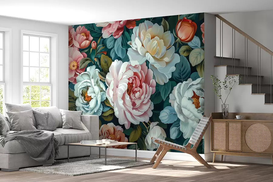 wall murals Bright bouquet of large lush peonies and blooming roses w01495