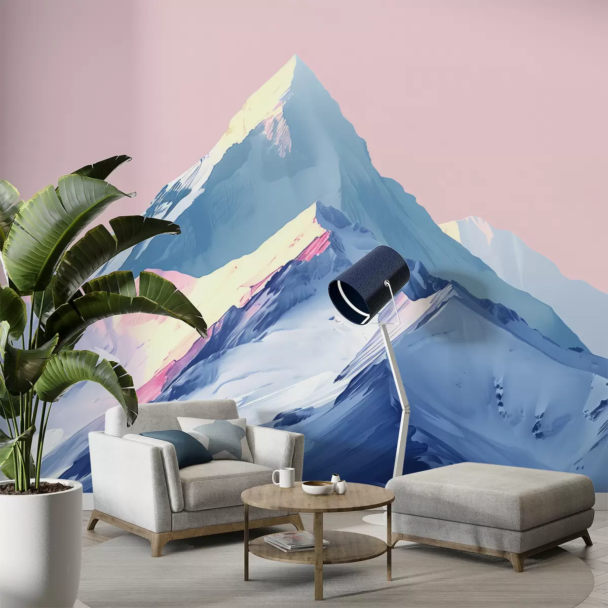 wall murals Blue and pink mountains in drawn style w01497