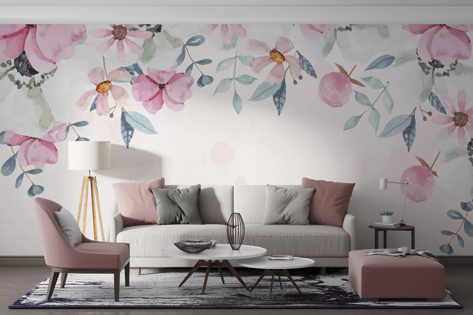 wall murals large flowers, flowers from above, wild flowers, watercolor w01034