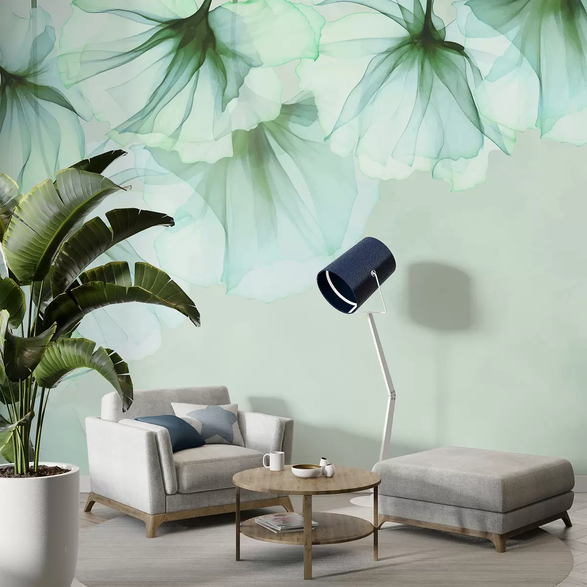 wall murals delicate translucent flowers, blue flowers, flowers on top w01080v1