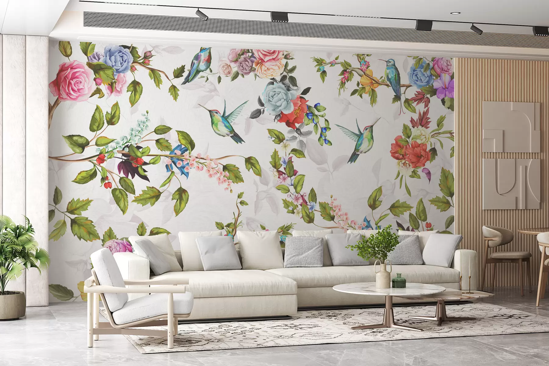 wall murals branches with bright flowers and birds w01083