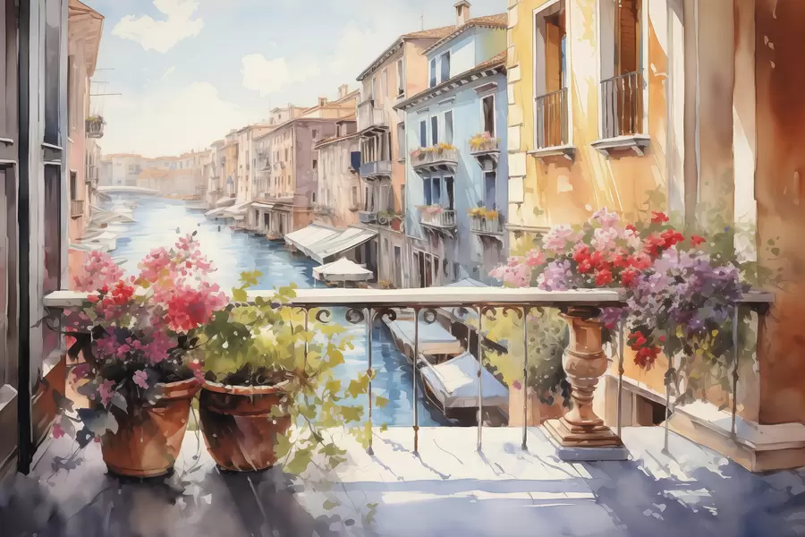 wall murals Flowers in pots on a balcony in Venice watercolor w01052